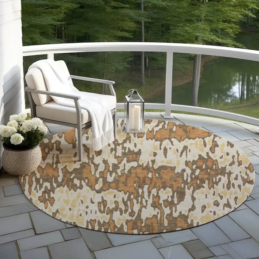 8' Copper Gold And Ivory Round Striped Washable Indoor Outdoor Area Rug Photo 7