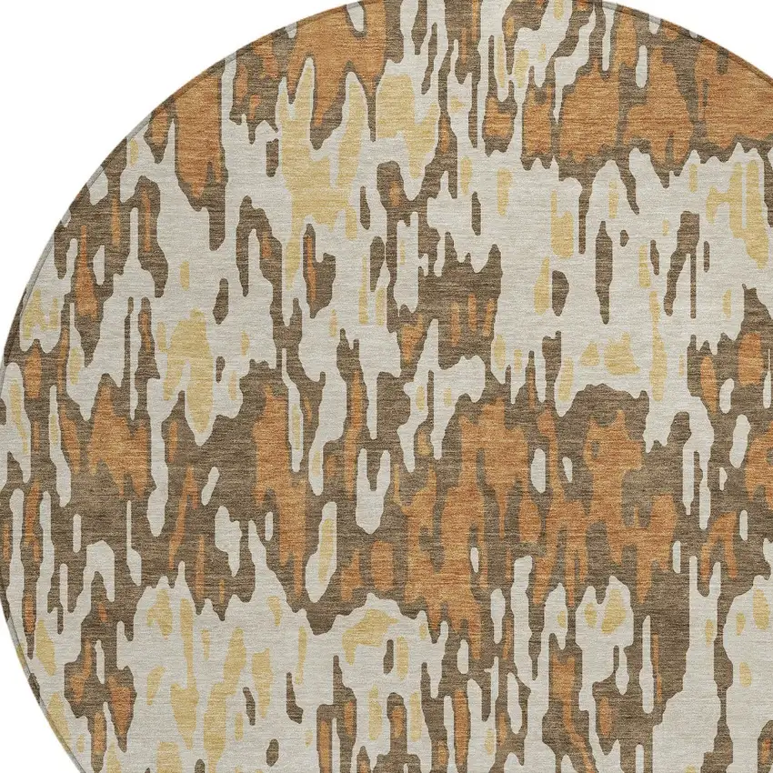 8' Copper Gold And Ivory Round Striped Washable Indoor Outdoor Area Rug Photo 5