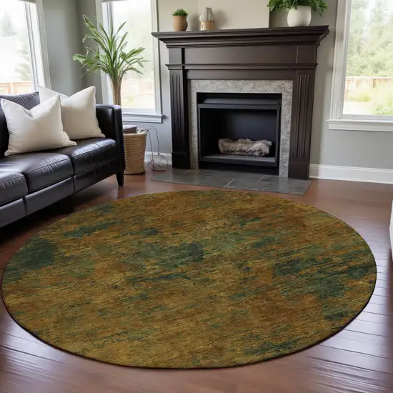 8' Copper Gold And Teal Abstract Washable Round Rug With UV Protection Photo 4