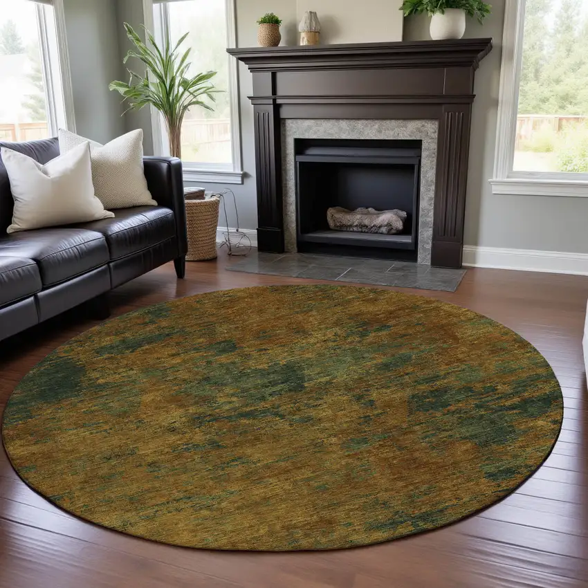 8' Copper Gold And Teal Abstract Washable Round Rug With UV Protection Photo 4
