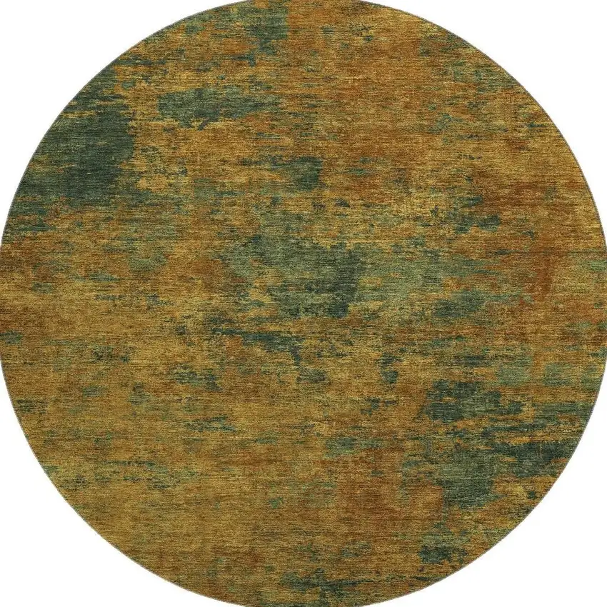 8' Copper Gold And Teal Abstract Washable Round Rug With UV Protection Photo 3