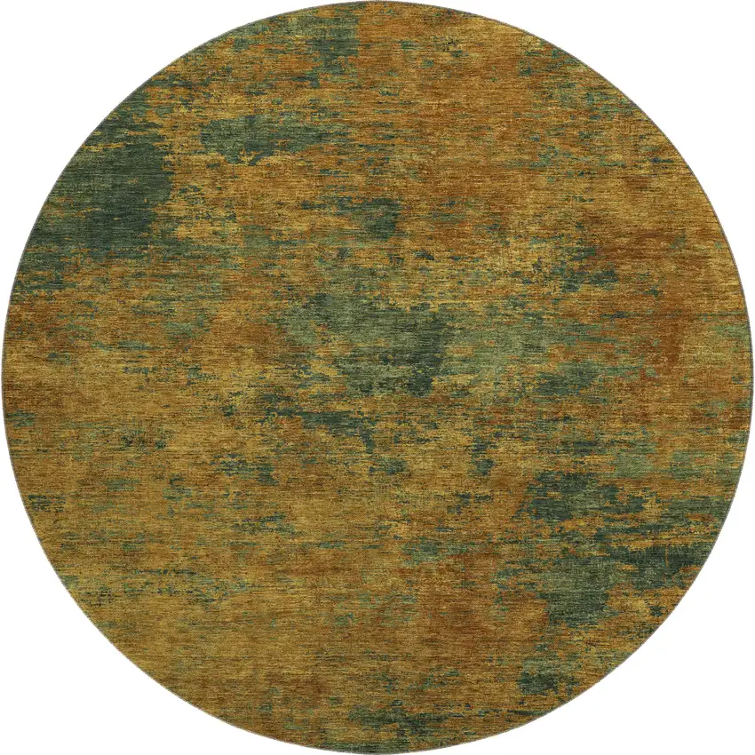 8' Copper Gold And Teal Abstract Washable Round Rug With UV Protection Photo 1