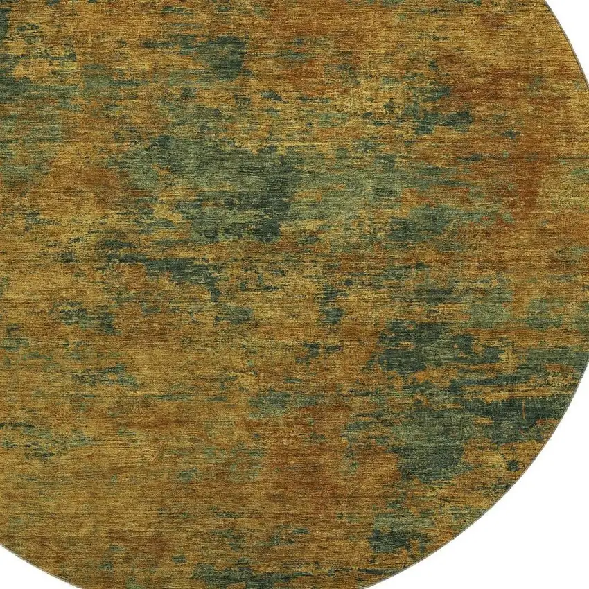 8' Copper Gold And Teal Abstract Washable Round Rug With UV Protection Photo 2