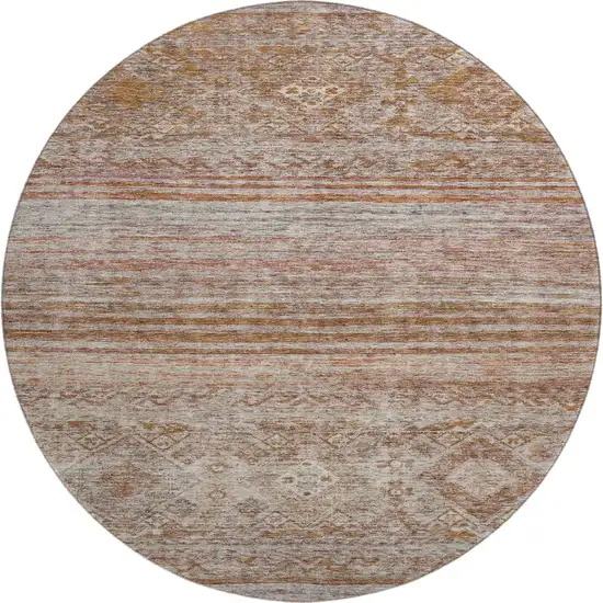 8' Copper Gray And Beige Abstract Geometric Washable Round Rug With UV Protection Photo 1