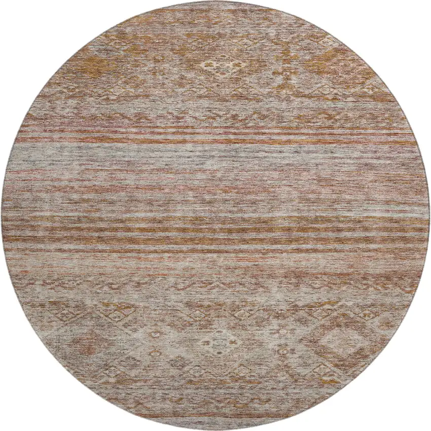 8' Copper Gray And Beige Abstract Geometric Washable Round Rug With UV Protection Photo 1