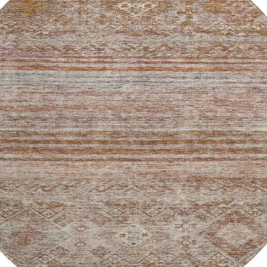 8' Copper Gray And Beige Abstract Geometric Washable Round Rug With UV Protection Photo 2