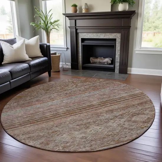 8' Copper Gray And Beige Abstract Geometric Washable Round Rug With UV Protection Photo 4