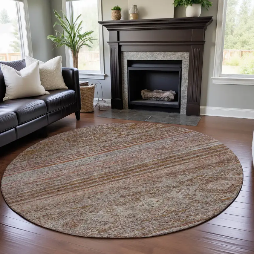 8' Copper Gray And Beige Abstract Geometric Washable Round Rug With UV Protection Photo 4