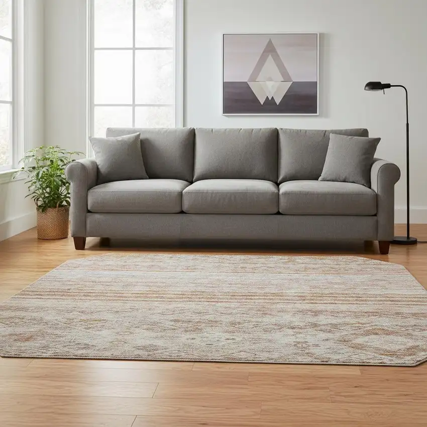 8' Copper Gray And Beige Abstract Geometric Washable Round Rug With UV Protection Photo 2