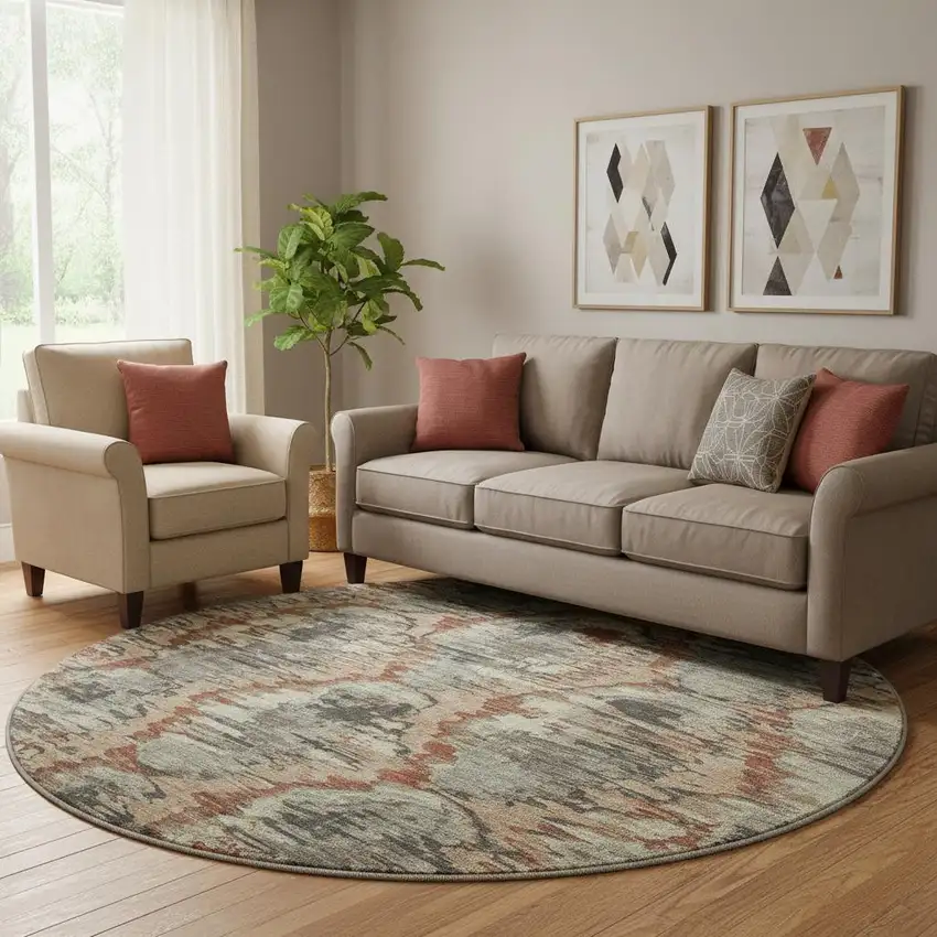 8' Copper Gray And Beige Diamond Washable Round Rug With UV Protection Photo 1