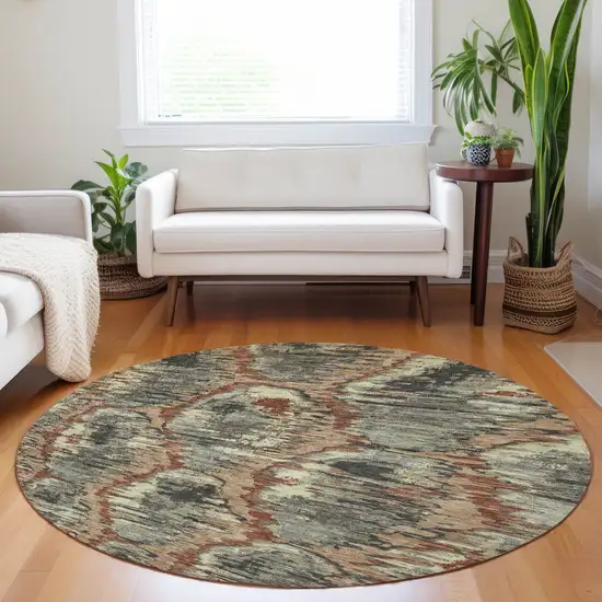 8' Copper Gray And Beige Diamond Washable Round Rug With UV Protection Photo 5