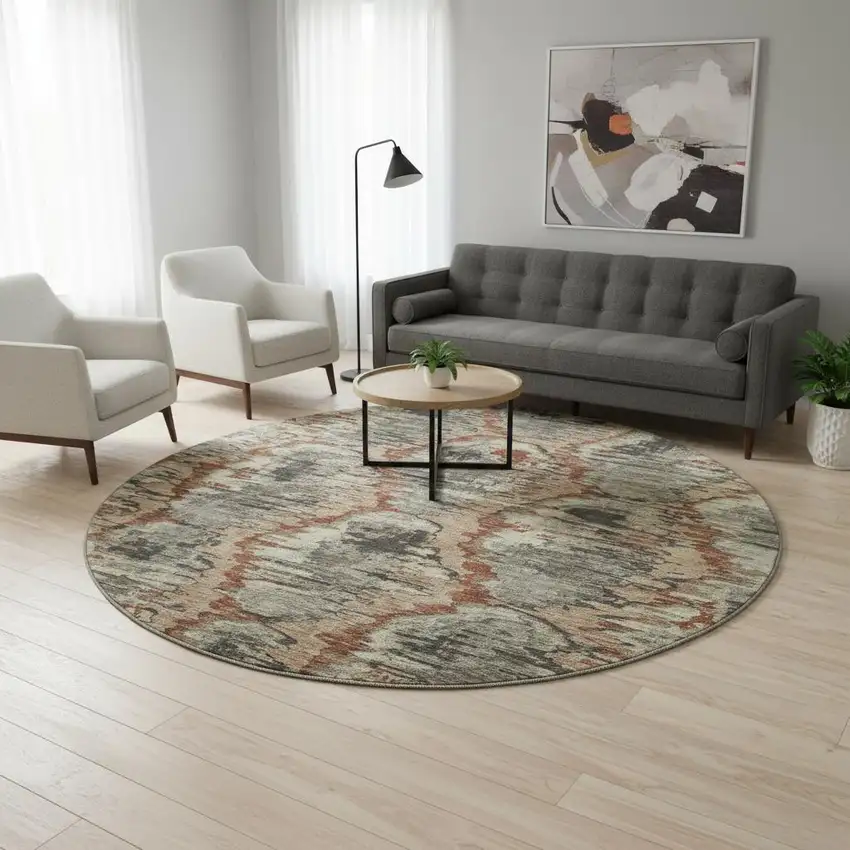 8' Copper Gray And Beige Diamond Washable Round Rug With UV Protection Photo 2