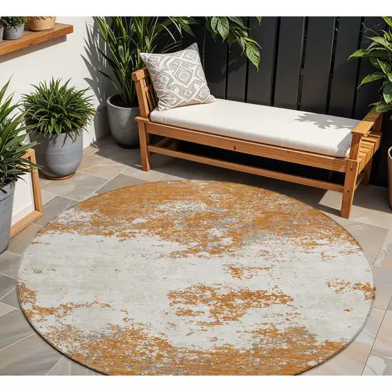 8' Copper Gray And Beige Round Abstract Washable Indoor Outdoor Area Rug Photo 1