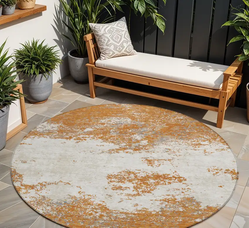 8' Copper Gray And Beige Round Abstract Washable Indoor Outdoor Area Rug Photo 1