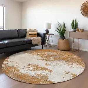 Photo of 8' Copper Gray And Beige Round Abstract Washable Indoor Outdoor Area Rug