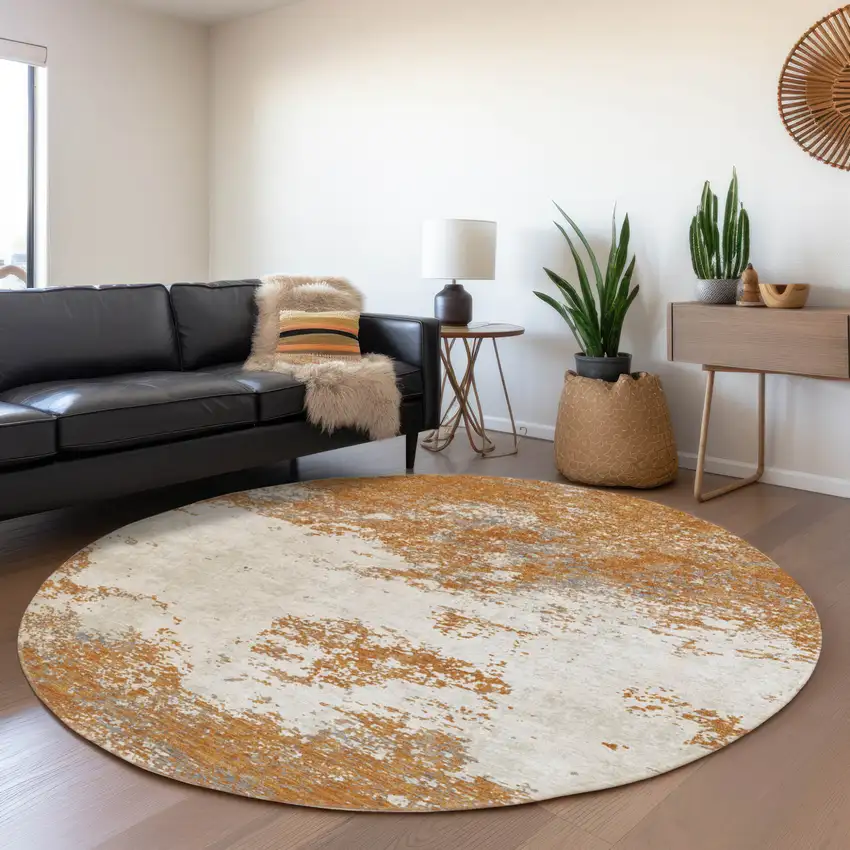 8' Copper Gray And Beige Round Abstract Washable Indoor Outdoor Area Rug Photo 7