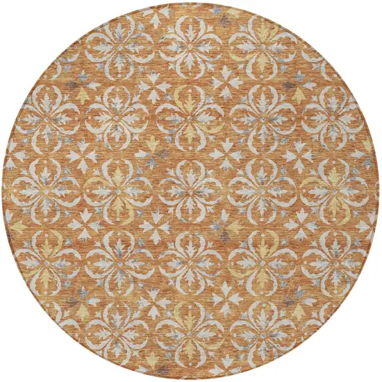 8' Copper Gray And Beige Round Floral Washable Indoor Outdoor Area Rug Photo 6