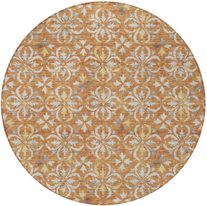 8' Copper Gray And Beige Round Floral Washable Indoor Outdoor Area Rug Photo 6