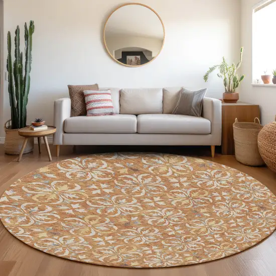 8' Copper Gray And Beige Round Floral Washable Indoor Outdoor Area Rug Photo 8