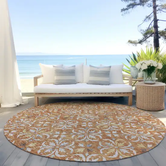 8' Copper Gray And Beige Round Floral Washable Indoor Outdoor Area Rug Photo 7
