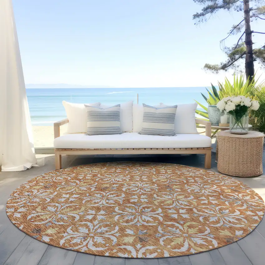 8' Copper Gray And Beige Round Floral Washable Indoor Outdoor Area Rug Photo 7