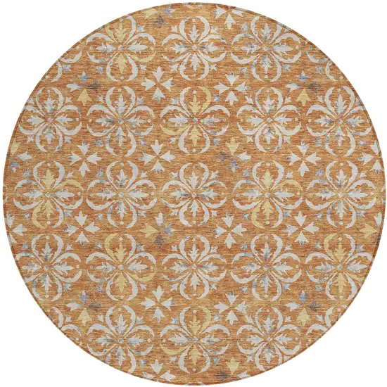 8' Copper Gray And Beige Round Floral Washable Indoor Outdoor Area Rug Photo 2
