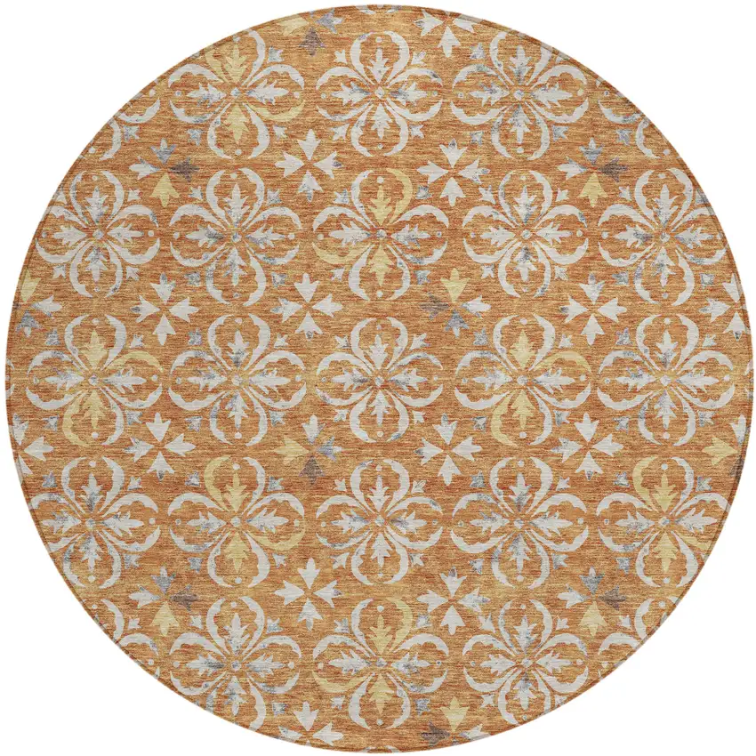 8' Copper Gray And Beige Round Floral Washable Indoor Outdoor Area Rug Photo 2