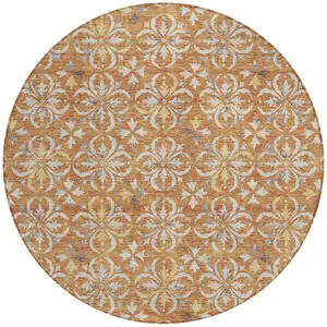 Photo of 8' Copper Gray And Beige Round Floral Washable Indoor Outdoor Area Rug