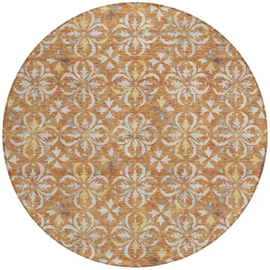 8' Copper Gray And Beige Round Floral Washable Indoor Outdoor Area Rug Photo 5