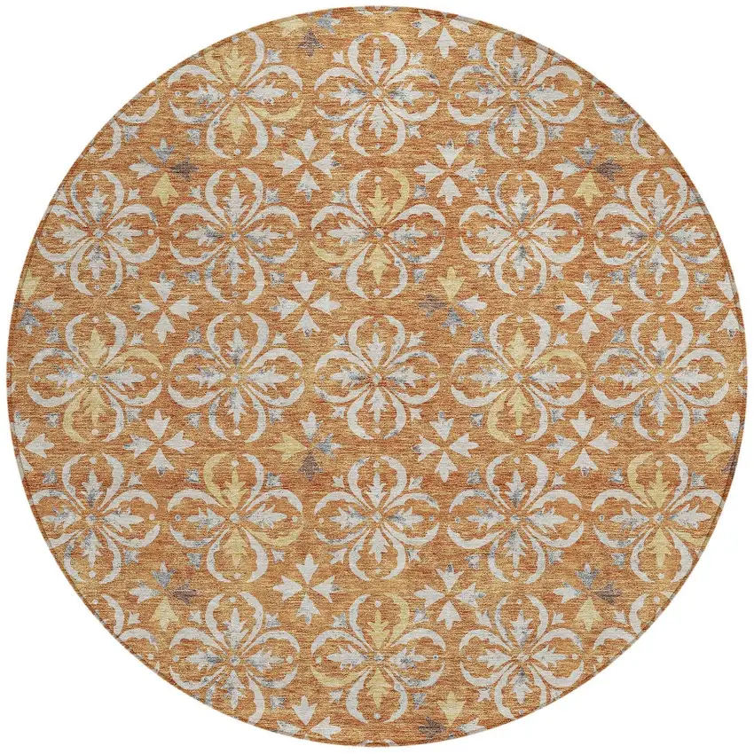 8' Copper Gray And Beige Round Floral Washable Indoor Outdoor Area Rug Photo 5