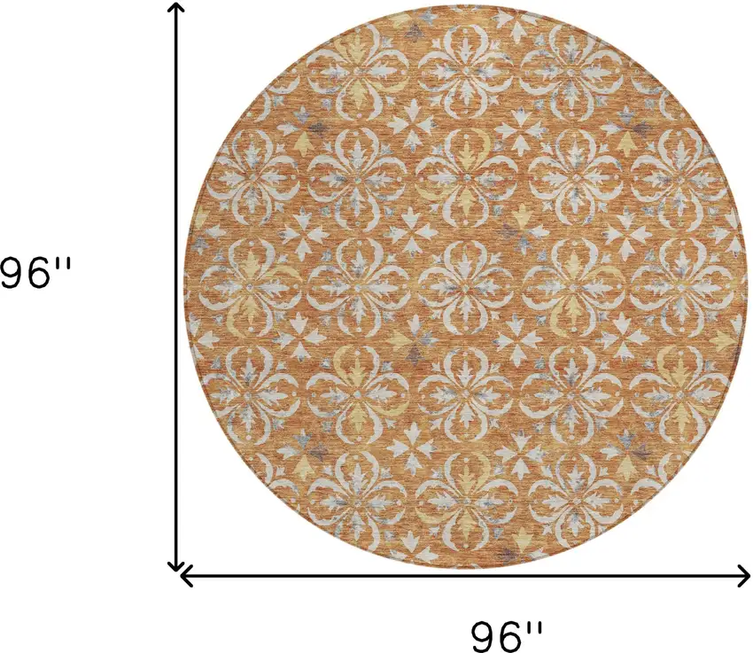 8' Copper Gray And Beige Round Floral Washable Indoor Outdoor Area Rug Photo 3