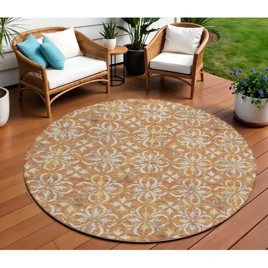 8' Copper Gray And Beige Round Floral Washable Indoor Outdoor Area Rug Photo 1