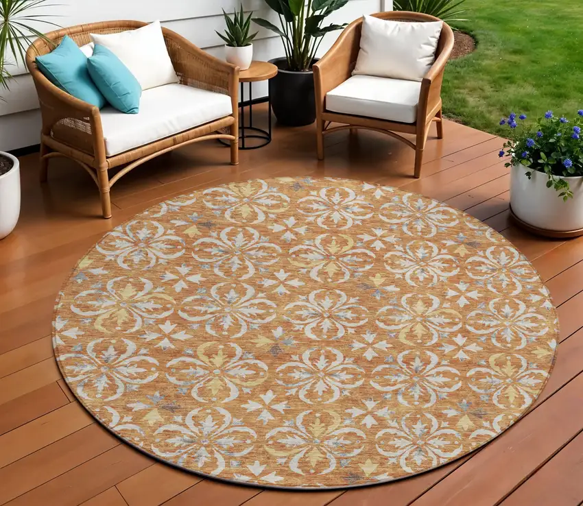 8' Copper Gray And Beige Round Floral Washable Indoor Outdoor Area Rug Photo 1