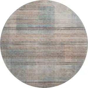 Photo of 8' Copper Gray And Beige Striped Washable Round Rug With UV Protection
