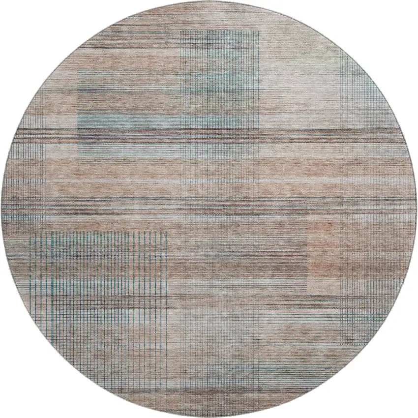 8' Copper Gray And Beige Striped Washable Round Rug With UV Protection Photo 1