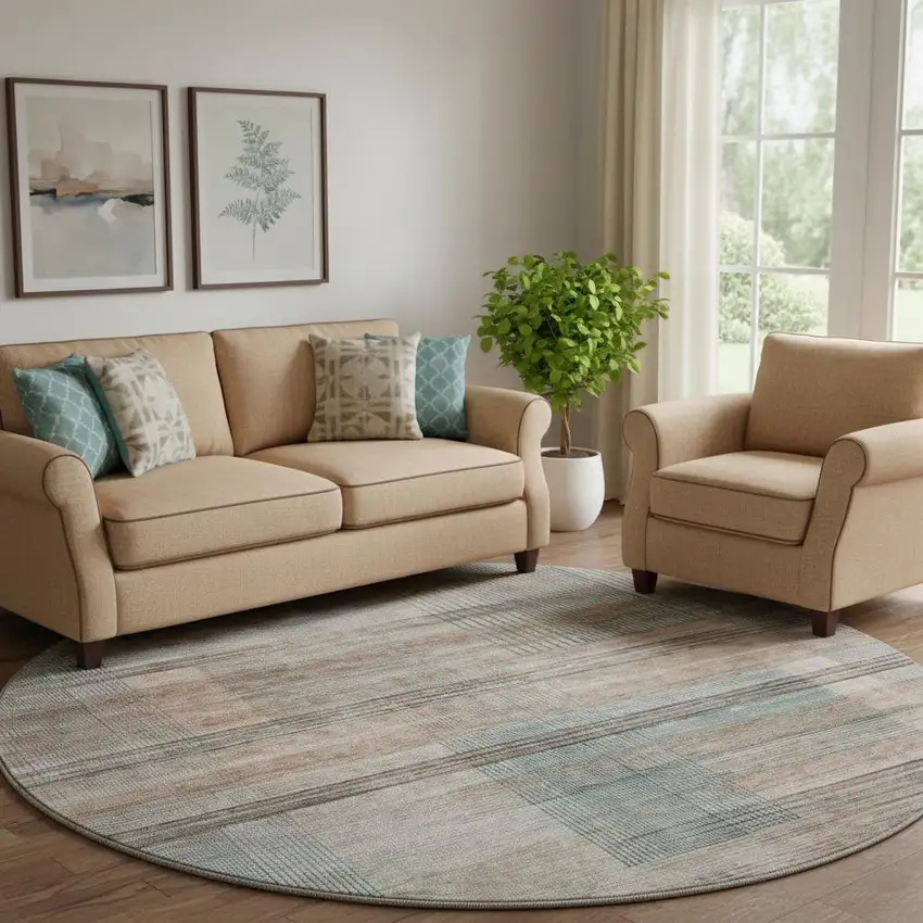 8' Copper Gray And Beige Striped Washable Round Rug With UV Protection Photo 1