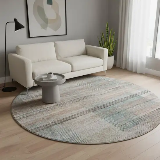 8' Copper Gray And Beige Striped Washable Round Rug With UV Protection Photo 2