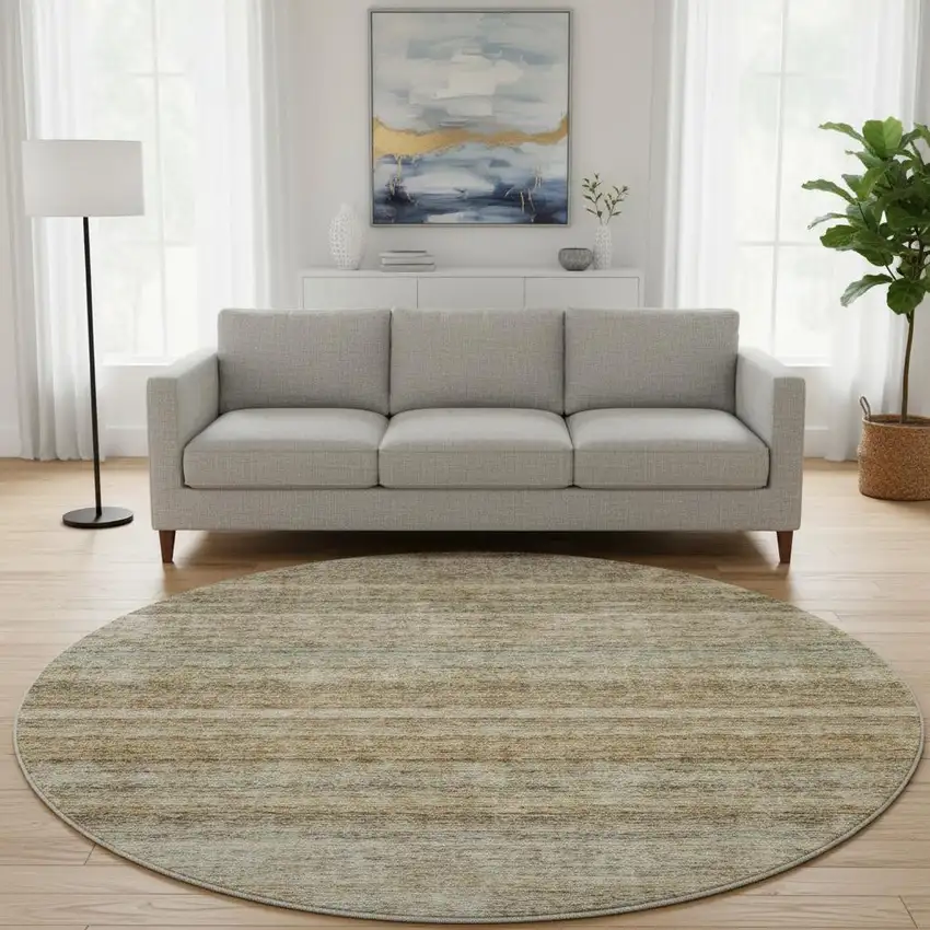 8' Copper Gray And Beige Striped Washable Round Rug With UV Protection Photo 2