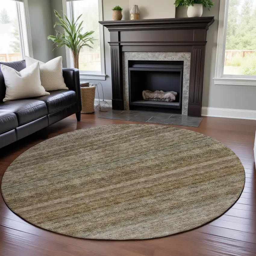 8' Copper Gray And Beige Striped Washable Round Rug With UV Protection Photo 4