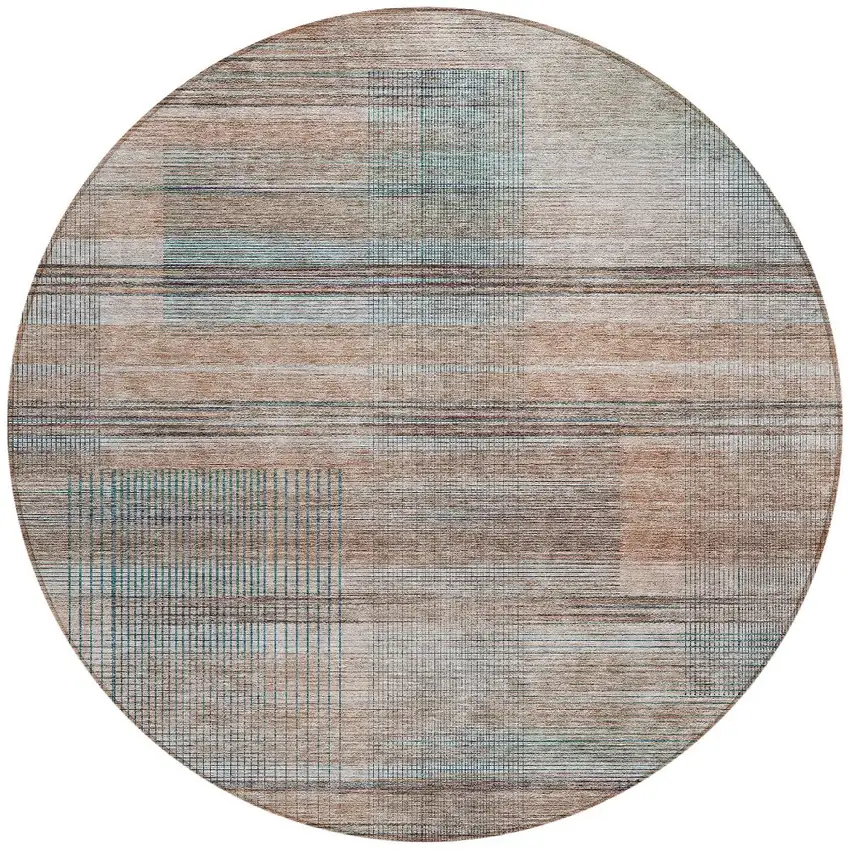 8' Copper Gray And Blue Round Striped Washable Indoor Outdoor Area Rug Photo 5