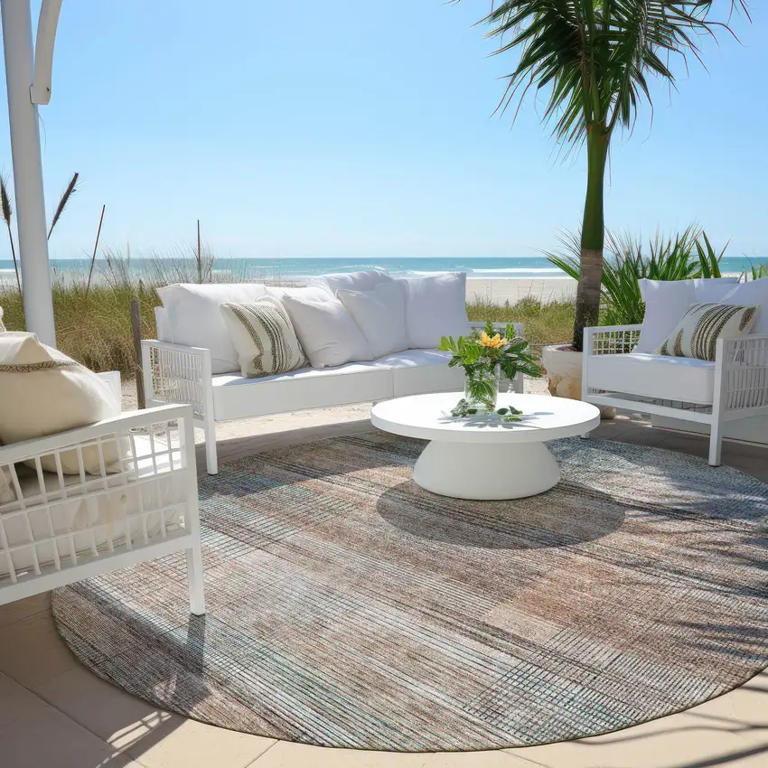 8' Copper Gray And Blue Round Striped Washable Indoor Outdoor Area Rug Photo 6
