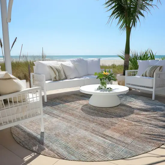 8' Copper Gray And Blue Round Striped Washable Indoor Outdoor Area Rug Photo 6