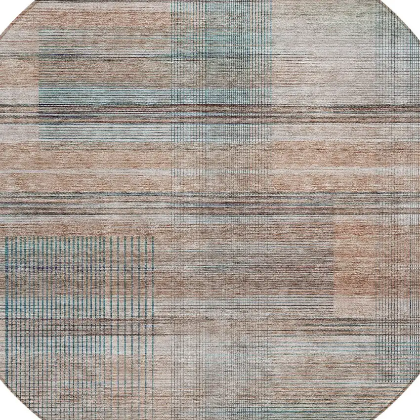 8' Copper Gray And Blue Round Striped Washable Indoor Outdoor Area Rug Photo 4