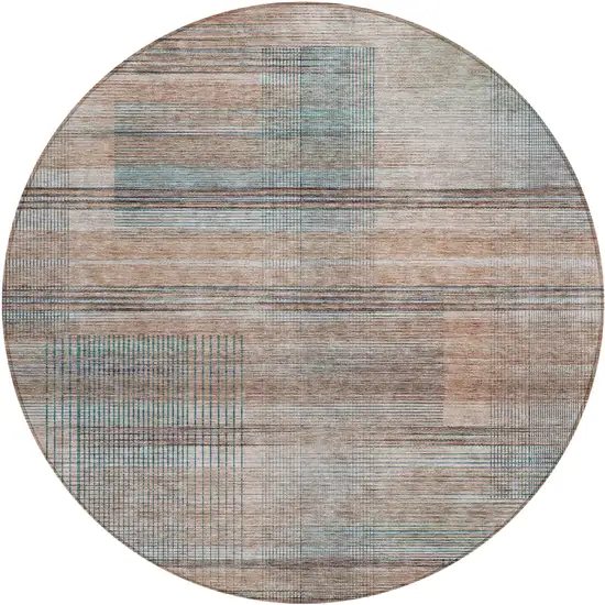 8' Copper Gray And Blue Round Striped Washable Indoor Outdoor Area Rug Photo 2