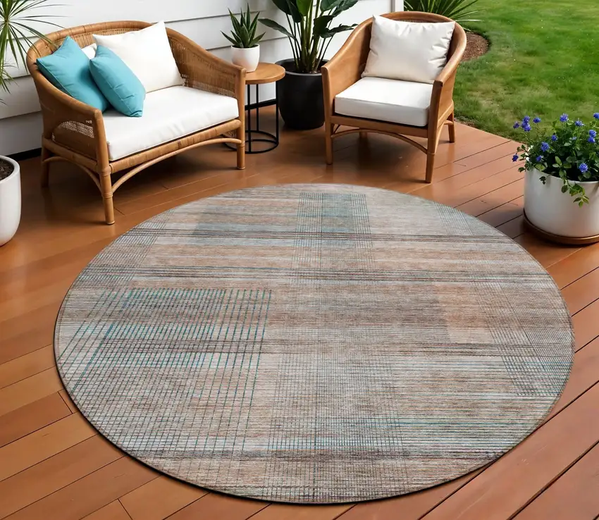 8' Copper Gray And Blue Round Striped Washable Indoor Outdoor Area Rug Photo 1