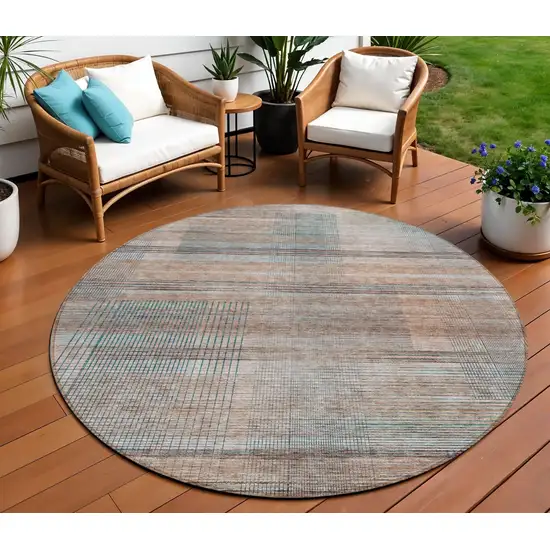 8' Copper Gray And Blue Round Striped Washable Indoor Outdoor Area Rug Photo 1