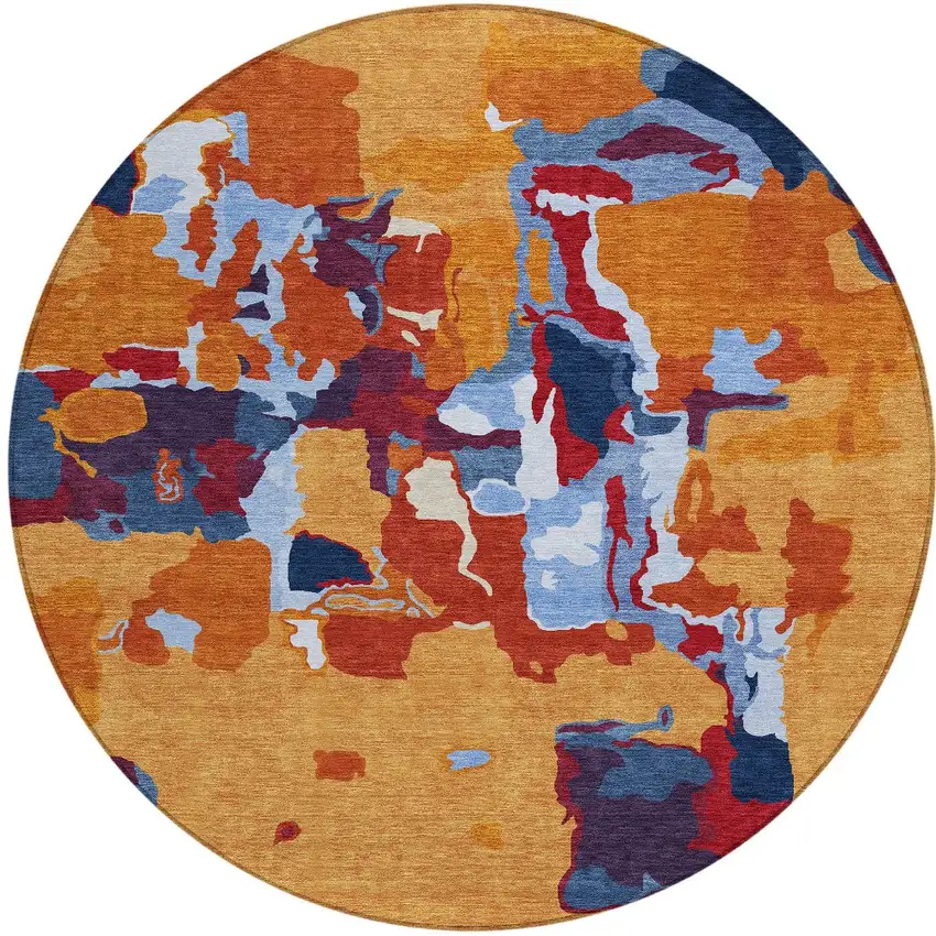 8' Copper Gray And Burgundy Round Abstract Washable Indoor Outdoor Area Rug Photo 5