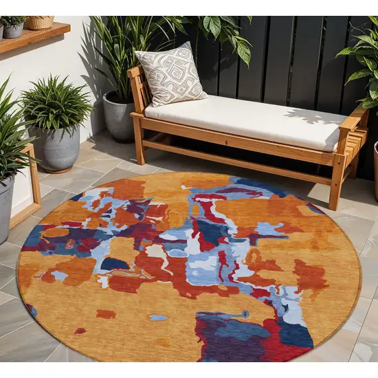 8' Copper Gray And Burgundy Round Abstract Washable Indoor Outdoor Area Rug Photo 1
