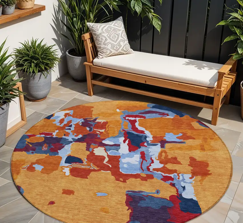 8' Copper Gray And Burgundy Round Abstract Washable Indoor Outdoor Area Rug Photo 1