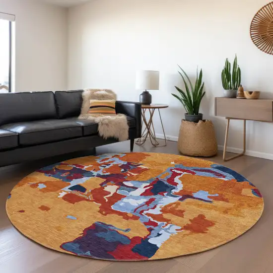 8' Copper Gray And Burgundy Round Abstract Washable Indoor Outdoor Area Rug Photo 8